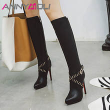 ANNYMOLI Winter Long Boots Women Boots Buckle Stiletto High Heels Knee High Boots Rivets Zipper Shoes Female Autumn Big Size 43 2024 - buy cheap