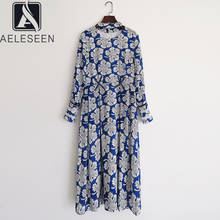 AELESEEN Runway Fashion Spring Summer Dress Women Blue White Leaves Print Embroidery Hollow Out Midi Elegant Dress 2024 - buy cheap