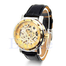 Mens Classic Black Leather Gold Dial Skeleton Mechanical Sport Wrist Watch N7MF 2024 - buy cheap
