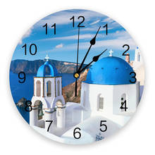 Greece Santorini Blue Roof Church Wall Clock Modern Design Home Wall Decorations Living Room Ornament Round Clocks 2024 - buy cheap