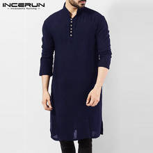Incerun camisa masculina casual de algodão, camisa de manga longa com colarinho, vintage, costura longa, roupas indianas, camisa paquistanesa 2024 - compre barato