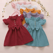 US Toddler Kid Baby Girl Clothes-vestido de princesa con volantes y botones de lino liso, ropa de fiesta, 1-6 T 2024 - compra barato