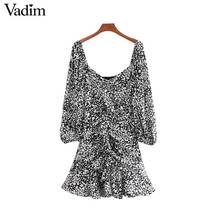 Vadim women sexy print ruffled mini dress side zipper three quarter sleeve pleated design female slim casual dresses QD188 2024 - buy cheap