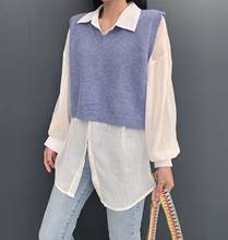 Suéter de lana de punto sin mangas para mujer, jersey de estilo coreano Preppy, lindo, sólido, cuello en V, T381, primavera 2020 2024 - compra barato