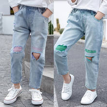 Calça jeans rasgada para meninas, calça casual 4 6 8 9 10 12 14 anos com elástico na cintura 2024 - compre barato