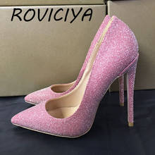 Pink pumps thin 12cm high heels sequined cloth ladies bling bling women party shoes shallow fashion nightclub BM020 ROVICIYA 2024 - buy cheap