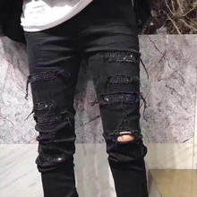 Модные черные эластичные джинсы со стразами, мужские винтажные узкие джинсовые брюки-карандаш, повседневные брюки с потертостями 2024 - купить недорого
