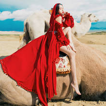 Vestido feminino vintage khalee yose, vermelho, com decote em v, manga longa, estilo boho, sexy, chic 2024 - compre barato