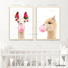 Llama Print Bubble Gum Wall Art Alpaca Boho Style Canvas Art Painting Animal Wall Picture Nursery Kids Room Decor Funny Poster 2024 - buy cheap