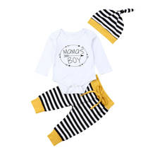 Хлопковое боди с длинными рукавами для новорожденных мальчиков 0-18 месяцев, топы, длинные штаны в полоску, штаны, шапка, комплект из 3 предметов, комплект одежды для малышей 2024 - купить недорого