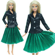 Jaqueta de couro fashion, casaco preto, verde, saia plissada, acessórios casuais de vestir, roupas para boneca barbie, brinquedo de crianças 2024 - compre barato