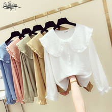Outono 2020 blusa feminina gola peter pan, camisa slim de manga comprida, blusa de algodão estilo casual feminina, tops 11356 2024 - compre barato