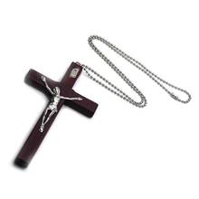 Colar de madeira cruz de jesus religioso, pingente de crucifixo cristão com corrente, jóias pingente para presentes para homens 2024 - compre barato