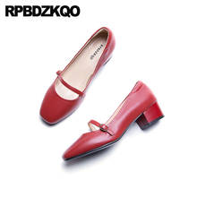 Red Vintage Square Toe Block Chunky 2021 Pumps High Heels Thick Medium New Mary Janes Women Shoes Genuine Leather Ladies Size 33 2024 - buy cheap