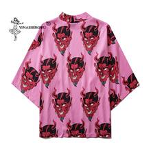Women Harajuku Cardigan Kimono Summer Loose Shirt Tops Casual Man Demon Print Kimonos Coat Yukata Robe  Beach Japan Pink Purple 2024 - buy cheap