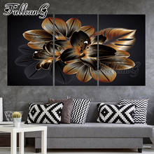 Fullcang 5d diy diamante bordado nórdico dourado abstrato lírio flor pintura tríptico quadrado completo broca redonda decoração fc3385 2024 - compre barato