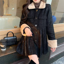 Gabardina de tweed negra para mujer, abrigo largo medio, abrigo de lana negra, vestido plisado, Primavera e invierno, 2021 2024 - compra barato