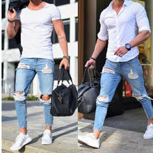2019 эксклюзивные повседневные обтягивающие джинсы, мужские прямые джинсы/мужские брюки, обтягивающие мужские джинсы, цветные и рваные джинсы, светильник 2024 - купить недорого