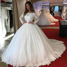 2021 Ball Gown Wedding Dresses Lace Long Sleeves Boat Neck Lace Appliques Puffy Tulle Princess Bridal Gowns Custom Made 2024 - buy cheap