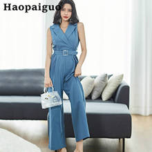 Plus Size Solid Sleeveless Jumpsuit Female Casual Office Work Wear Turn-down Collar Hot Rompers Womens Jumpsuit with Sashes 2024 - buy cheap