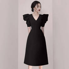 Vestidos Elegantes de alta calidad con manga abombada y escote en V para mujer, Vestidos negros ajustados de oficina, 2021 2024 - compra barato