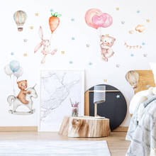 Pegatinas de pared pintadas a mano con forma de conejo y oso para niños, decoración de pared de dormitorio, globo de aire caliente, calcomanías 2024 - compra barato