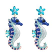 Novelty Design Blue Color Rhinestone Seahorse Charms Dangle Earrings Jewelry Fashion Girls Party Statement Earrings Accessories 2024 - buy cheap