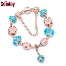 Seialoy-pulsera con cuentas de cristal azul para mujer, brazalete Original de flores brillantes de oro rosa, regalo de joyería para niño y niña 2024 - compra barato