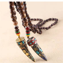 Handmade Nepal Jewelry Buddhist Mala Wood Beads Pendant Necklace Ethnic Ox Horn Long Statement Necklace For Women Men 2024 - buy cheap