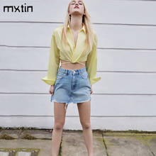 2021 Women Spring Fashion Sexy Yellow Cropped Blouses Vintage Autumn Lapel Collar Long Sleeve Female Shirts Top Female 2024 - buy cheap