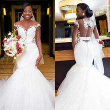 Nova chegada africano sereia vestidos de casamento 2019 ilusão sem costas applique laço tribunal trem sereia vestido de noiva vestidos de casamento plus size 2024 - compre barato