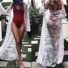 Kimono largo de manga acampanada para mujer, cárdigan de encaje Floral transparente para playa y piscina 2024 - compra barato