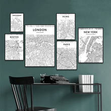 Póster de estilo nórdico con mapa de la ciudad del mundo en blanco y negro, cuadro artístico de pared, pintura en lienzo, decoración del hogar, París, Londres, Nueva York 2024 - compra barato