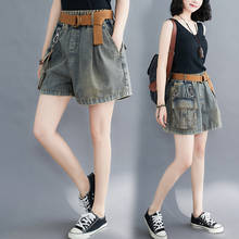 #0644 Wide Leg Shorts Women With Belt Vintage Sexy Denim Shorts Loose Big Pockets Retro Shorts Plus Size Short Jeans Summer 2021 2024 - buy cheap