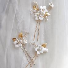 White Porcelain Flower Bridal Hair Pins Clips Crystal Wedding Headpiece Handmade Women Boddy Pin Jewerly 2024 - buy cheap