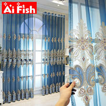 Cortinas azuis luxuosas de janela bordadas, cortinas de tule volie para sala de estar, tela de janela de renda de alta qualidade, cortinas de quarto puro #3 2024 - compre barato