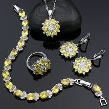 Prata 925 conjuntos de jóias para o casamento feminino amarelo zircônia cúbica brincos de cristal pingente colar anel pulseira conjunto 2024 - compre barato