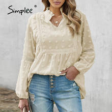 Simplee blusa feminina renda bordada ponto casual, blusa plissada com mangas lanterna gola v para mulheres, camisas de malha sólida elegante, novo 2024 - compre barato