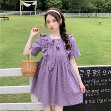 Women's Korean-Style Floral Lace-up Bow High-Waist Doll Short-Sleeve Dress Short-Height New Summer First Love sweet lolita Dress 2024 - buy cheap