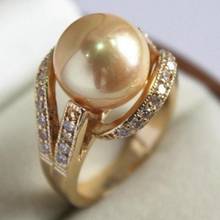 Free Shipping  White Crystal 12mm Golden Yellow Shell Pearl Ring size: 7 8 9 2024 - buy cheap