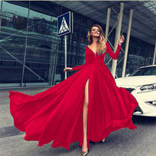 Women's Dresses Sexy Spring Autumn Long Sleeve Deep V neck Button Solid Color Maxi Split Party Dress 2024 - buy cheap