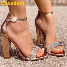 Choudory-zapatos de tacón grueso metalizados con diamantes de imitación, calzado de boda con correa de cristal ostentoso, moda urbana, talla 46 2024 - compra barato