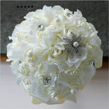 Buquê de flores artificiais tridimensional, rosas e flores, buquê branco de casamento com diamante cristal 2024 - compre barato
