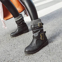 YMECHIC 2019 Retro Western Black Gray Women Winter Ankle Boots Buckle Strap Knitting Chunky Heels Cowboy Ride Biker Boot Shoes 2024 - buy cheap