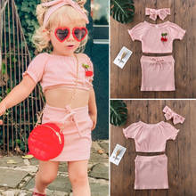 Summer Baby kids Girl Cherry Clothes Floral Tops t shirt +Skirts Headband Outfits 3pcs Set 2024 - buy cheap
