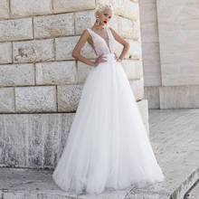 Charming Sleeveless A-line Wedding Gowns 2021 Sheer O-neck Appliques Sweep Train Plus Size Tulle Bridal Dress 2024 - buy cheap