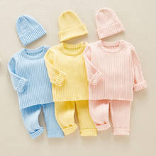 Conjunto de ropa para bebé y niña, suéter acanalado de punto, Jersey de punto, pantalón de cintura alta y sombreros, 3 uds. 2024 - compra barato