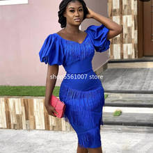 Новинка 2021 г., модное платье в африканском стиле с V-образным вырезом, черное, синее платье до колен, африканская одежда, африканские платья для женщин 2024 - купить недорого