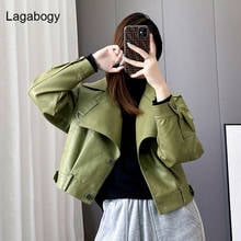 Lagabogy New Spring Autumn Women PU Leather Jacket Vintage Style Coat Female Short Motor Biker Jacket Loose Army Green Outwear 2024 - buy cheap