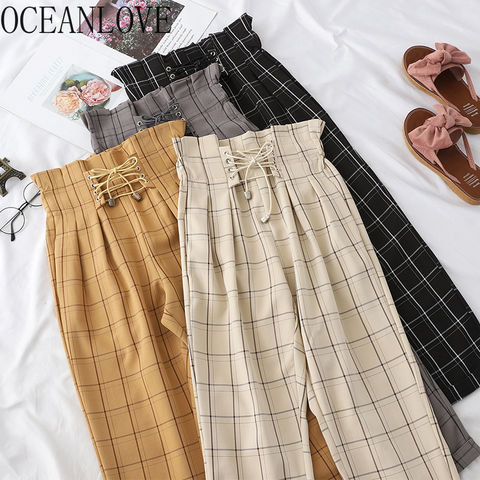 OCEANLOVE Plaid Pants Women Fashion New Bandage Casual Spring Summer Student Pantalones Mujer 2020 High Waist Trousers 13519 2022 - buy cheap